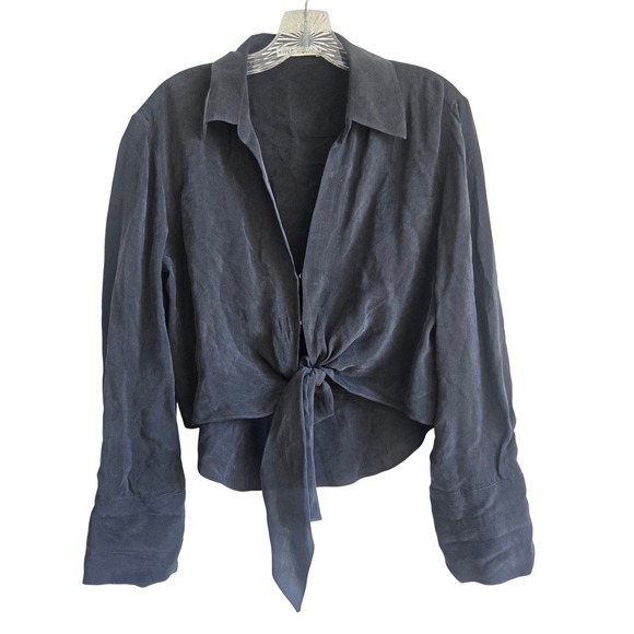 Alice + Olivia Tops - Alice + Olivia Small Tie Front Blouse Women Black Excellent Cupro Long Sleeve